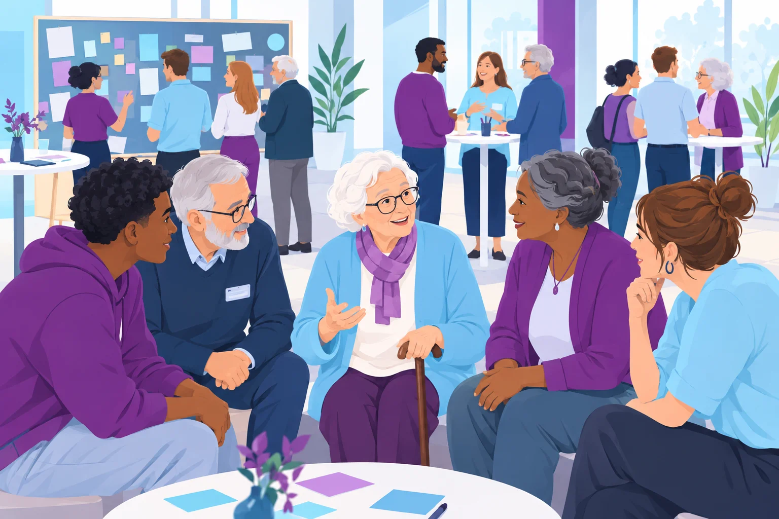 Illustration: Menschen verschiedener Generationen im Gespräch bei einer Veranstaltung